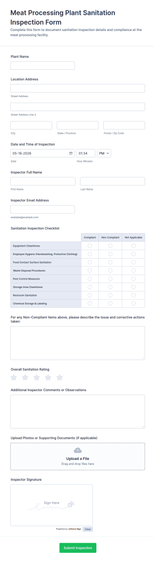 Meat Processing Plant Sanitation Inspection Form Template