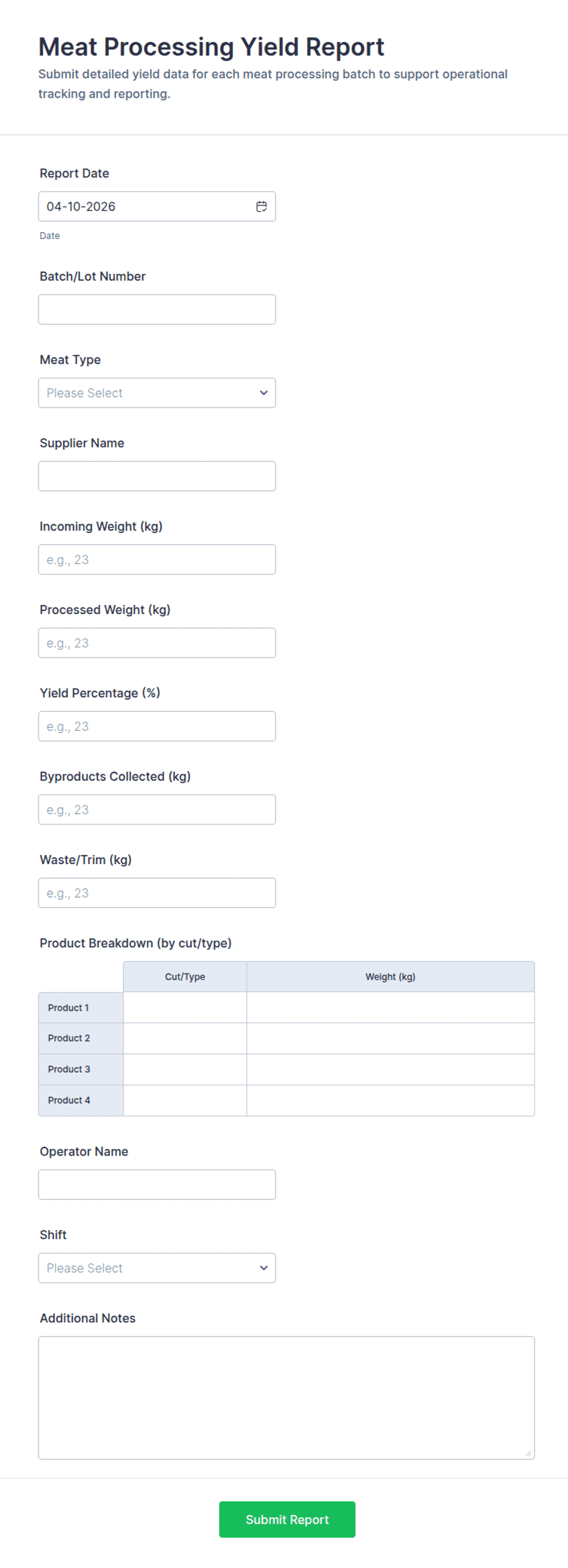 Meat Processing Yield Report Form Template | Jotform