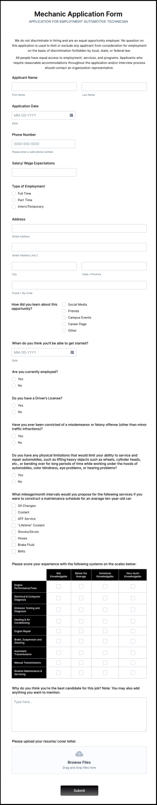 Mechanic Application Form Template