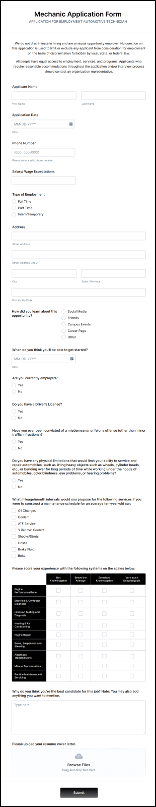 Mechanic Application Form Template
