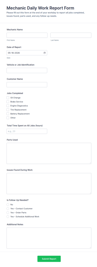 Mechanic Daily Work Report Form Template
