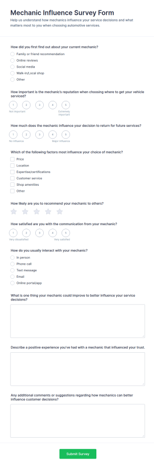 Mechanic Influence Survey Form Template