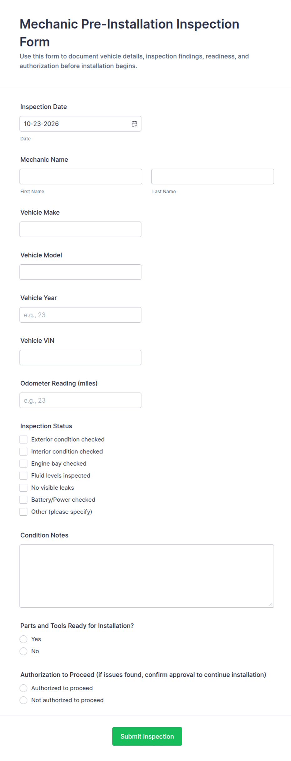Mechanic Pre-Installation Inspection Form Template | Jotform