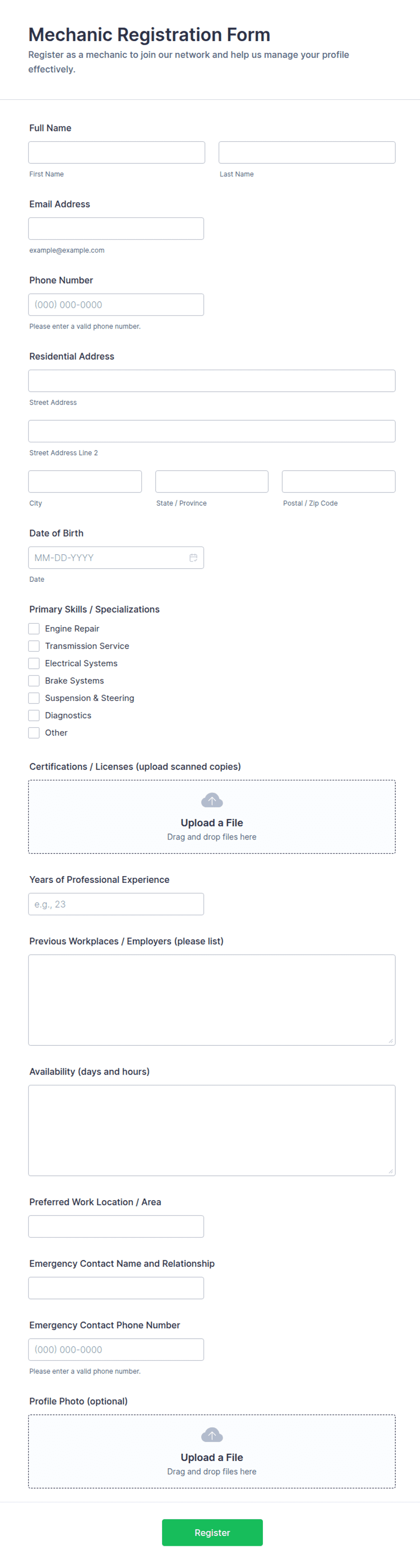 Mechanic Registration Form Template | Jotform