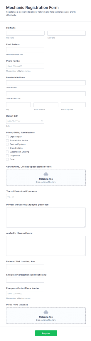 Mechanic Registration Form Template