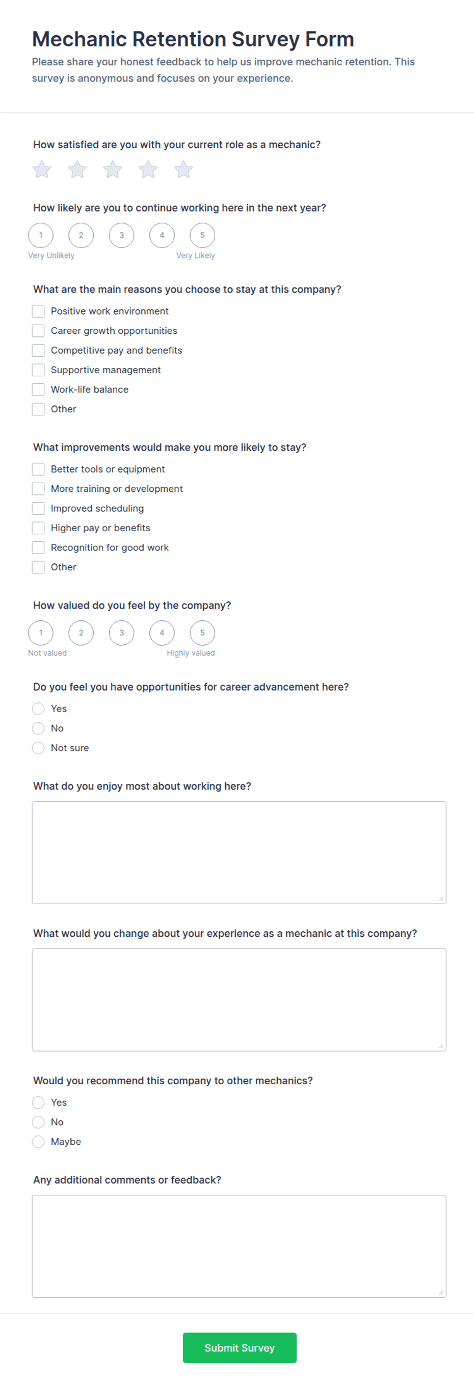 Mechanic Retention Survey Form Template | Jotform