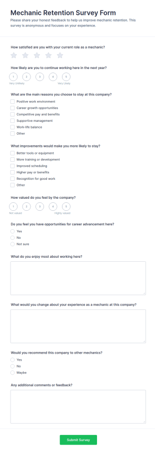 Mechanic Retention Survey Form Template
