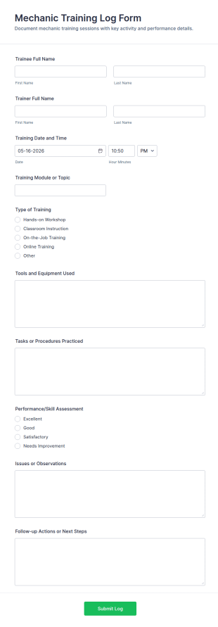 Mechanic Training Log Form Template