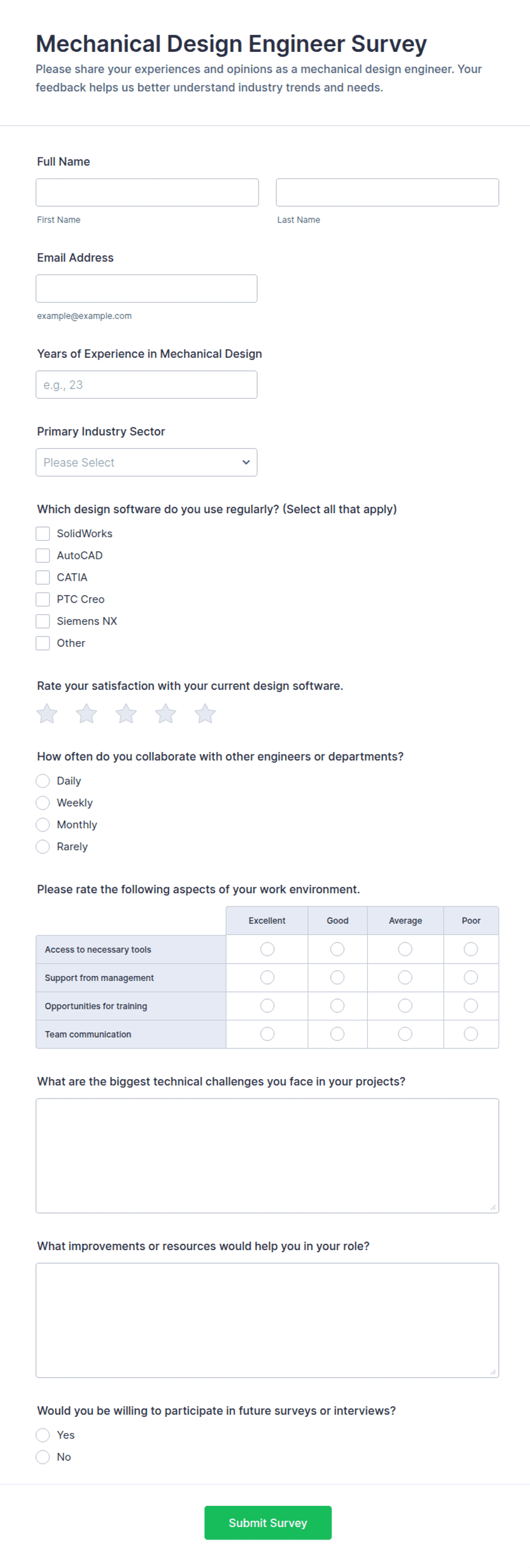 Engineering Query Form Mechanical Design Engineer Survey Form Template | Jotform