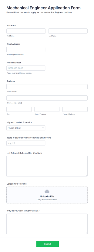Mechanical Engineer Application Form Form Template