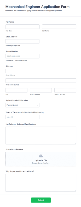 Mechanical Engineer Application Form Template