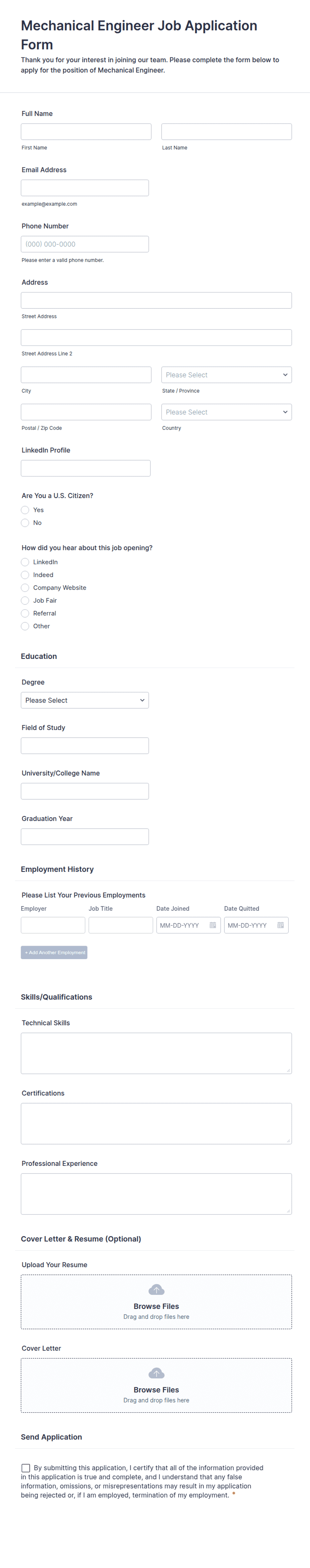 Mechanical Engineer Job Application Form Template | Jotform