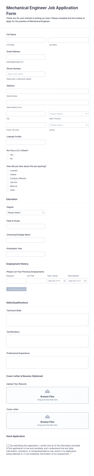Mechanical Engineer Job Application Form Template