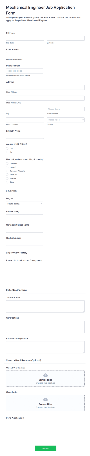 Mechanical Engineer Job Application Form Template