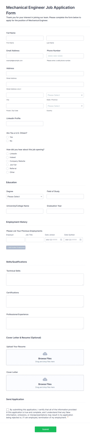 Mechanical Engineer Job Application Form Template