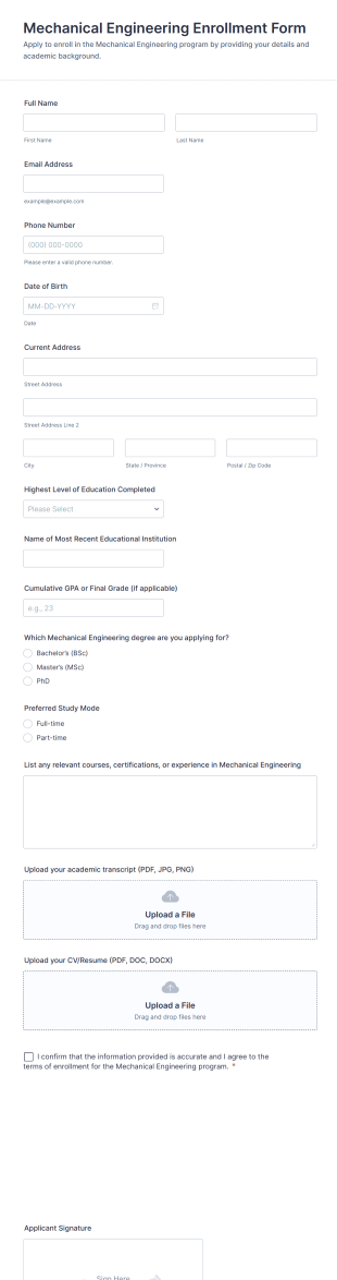 Mechanical Engineering Enrollment Form Template