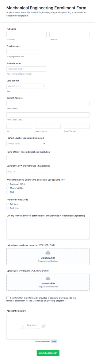 Mechanical Engineering Enrollment Form Template