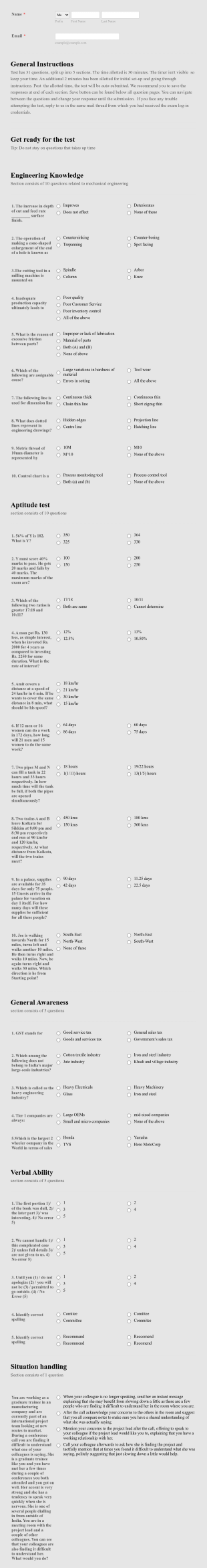 Mechanical Engineering Exam Form Template