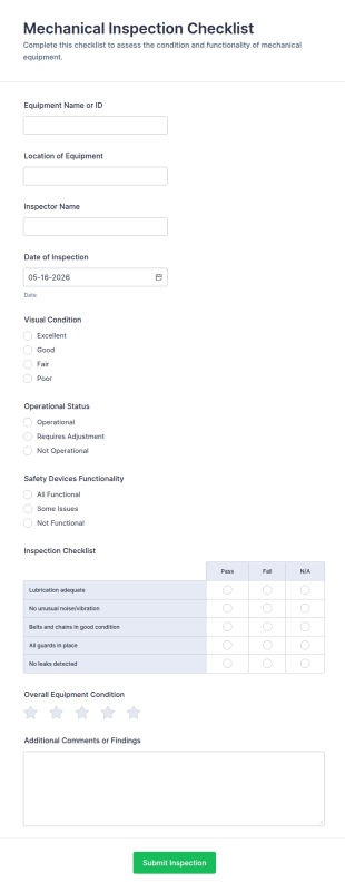 Mechanical Inspection Checklist Form Template