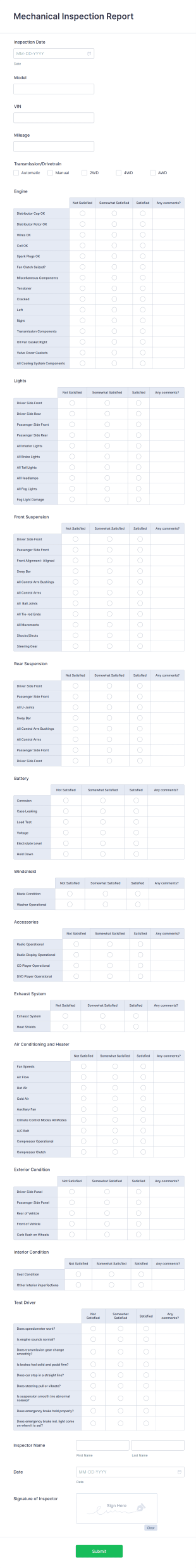 Mechanical Inspection Report Form Template