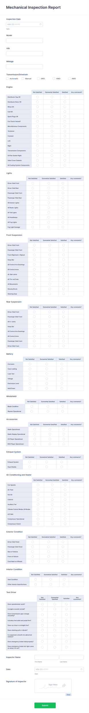 Mechanical Inspection Report Form Template