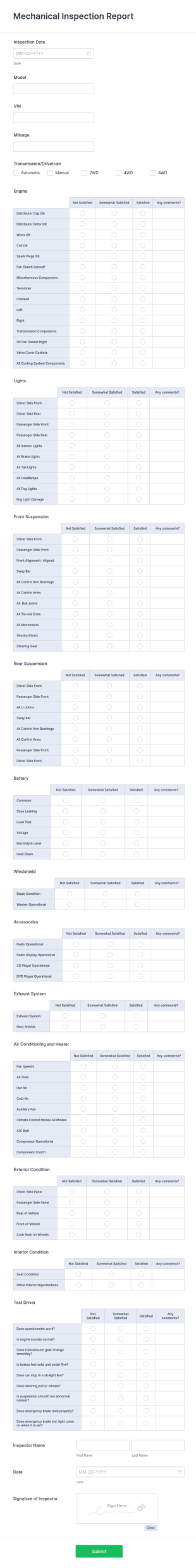 Mechanical Inspection Report Form Template