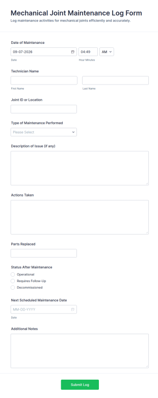 Mechanical Joint Maintenance Log Form Template