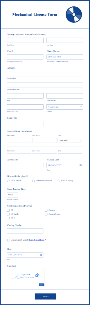 Mechanical License Form Template