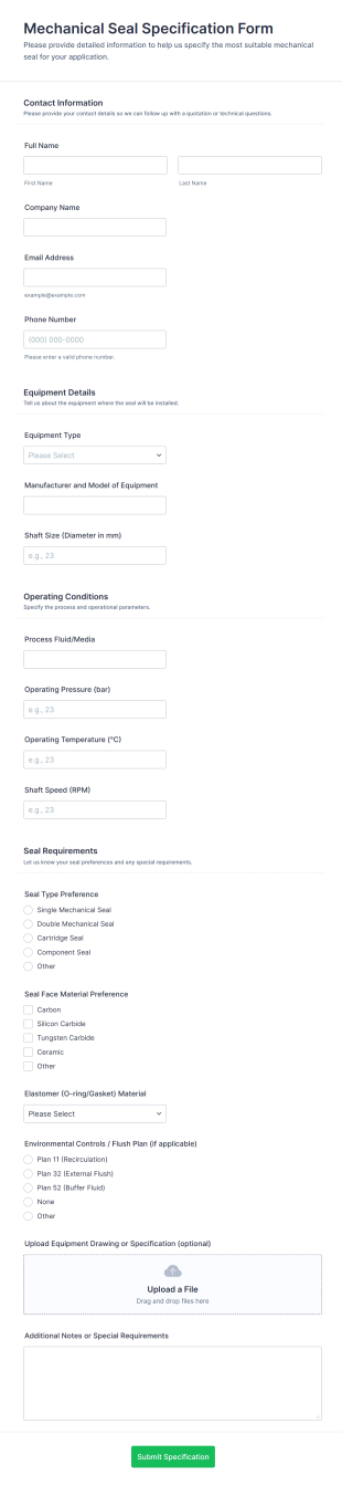 Mechanical Seal Specification Form Template