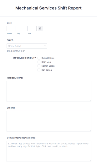 Mechanical Services Shift Report Form Template