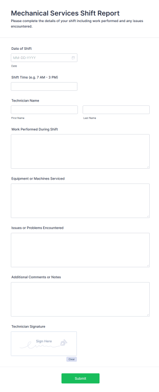 Mechanical Services Shift Report Form Template