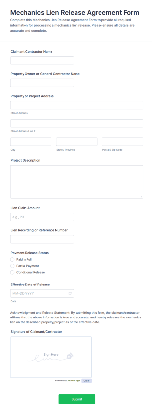 Mechanics Lien Release Agreement Form Template