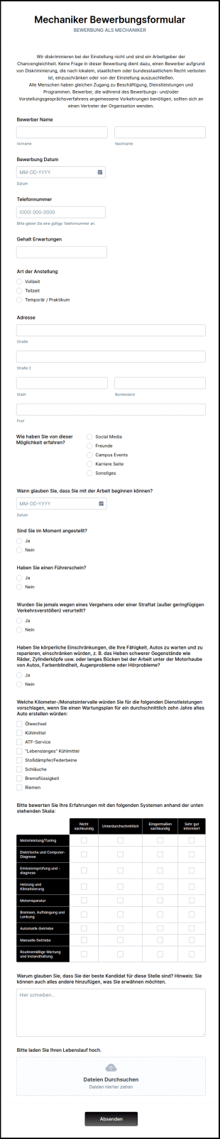 Mechaniker Bewerbungsformular