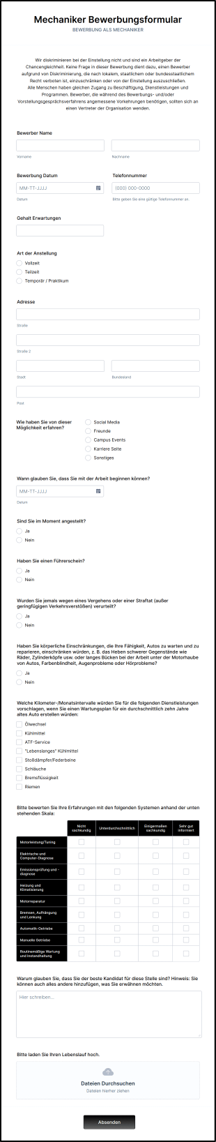 Mechaniker Bewerbungsformular Form Template