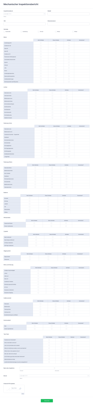 Mechanischer Inspektionsbericht Form Template