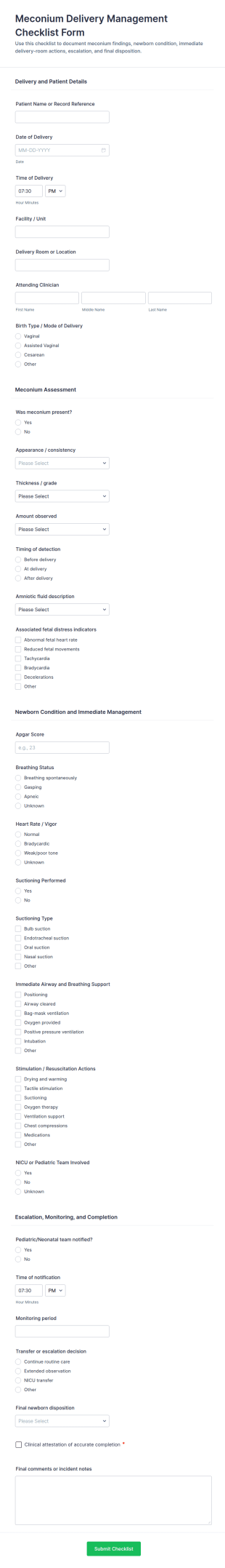Meconium Delivery Management Checklist Form Template