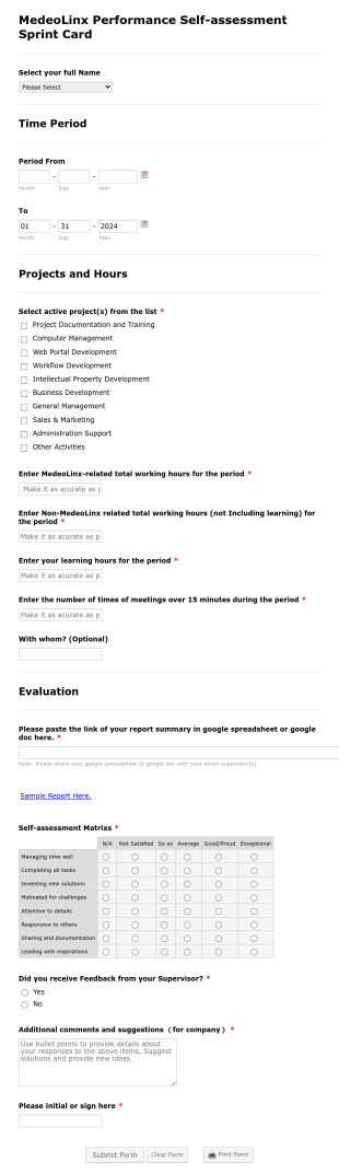 MedeoLinx Performance Self Assessment Form Template