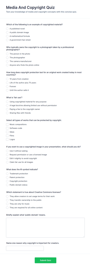 Media And Copyright Quiz Form Template