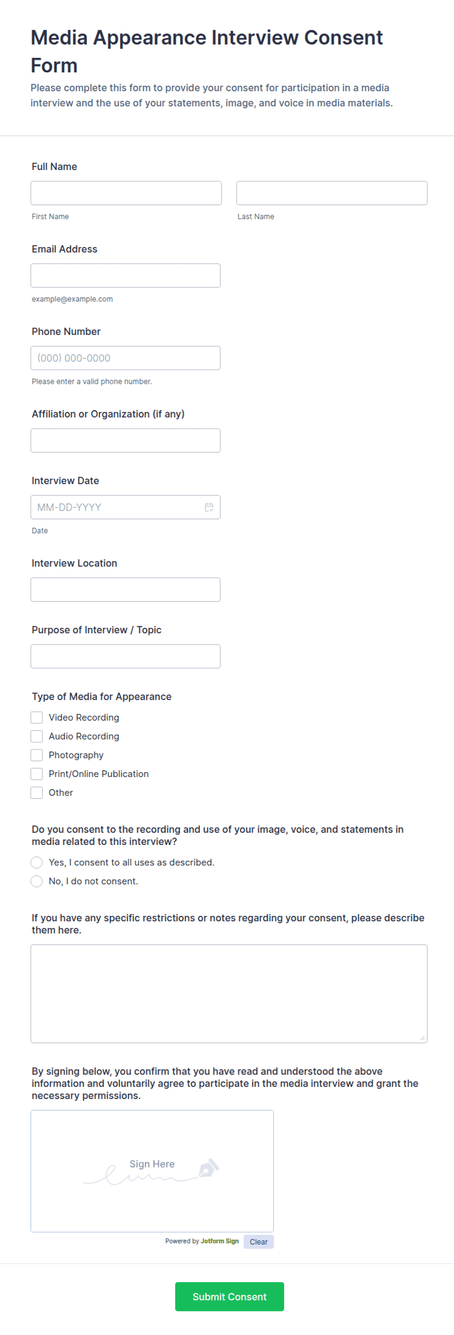Example Consent Script For Interview Media Appearance Interview Consent Form Template | Jotform