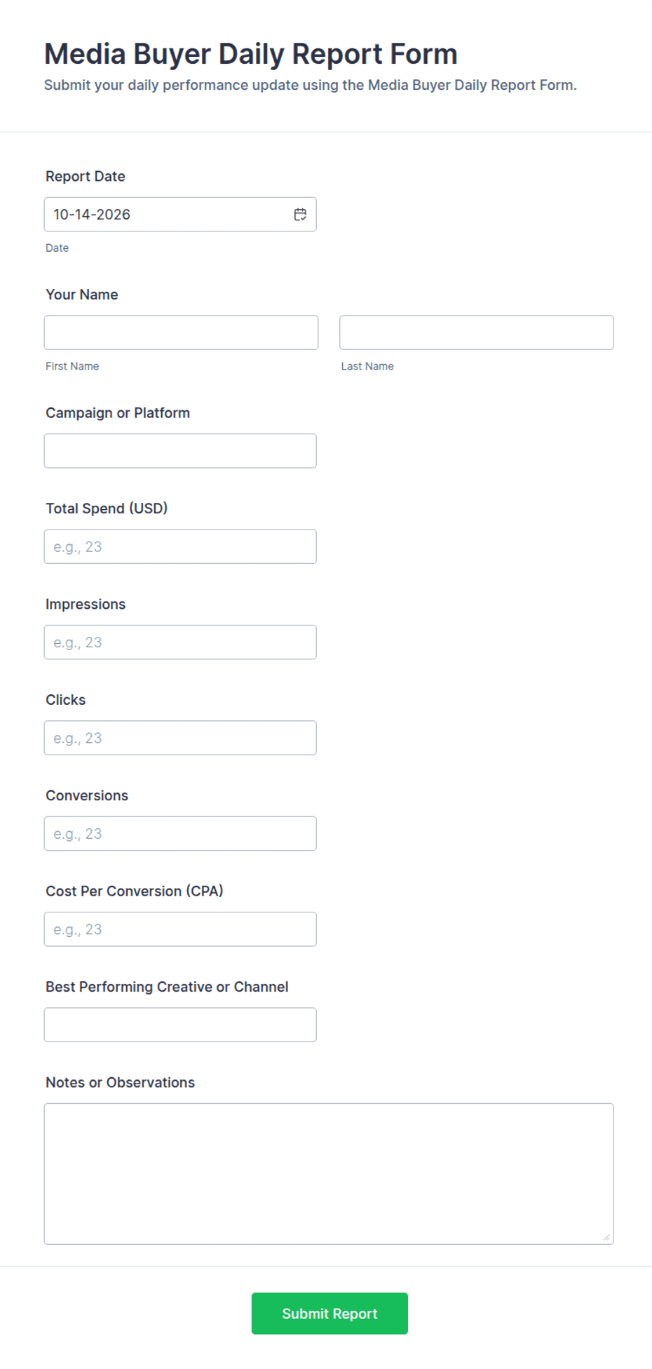 Media Buyer Daily Report Form Template | Jotform