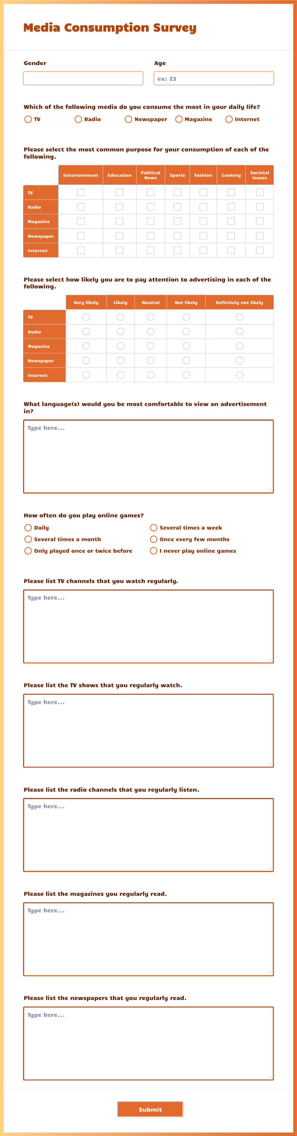 Media Consumption Survey Form Template | Jotform