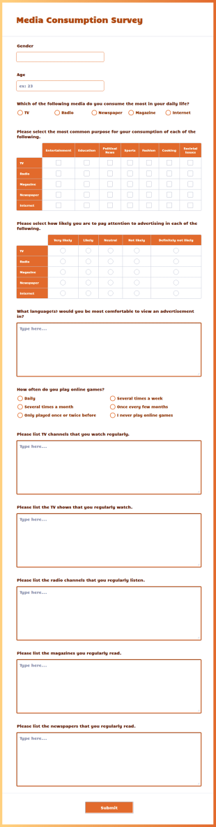 Media Consumption Survey Form Template