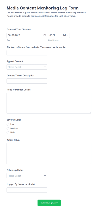 Media Content Monitoring Log Form Template