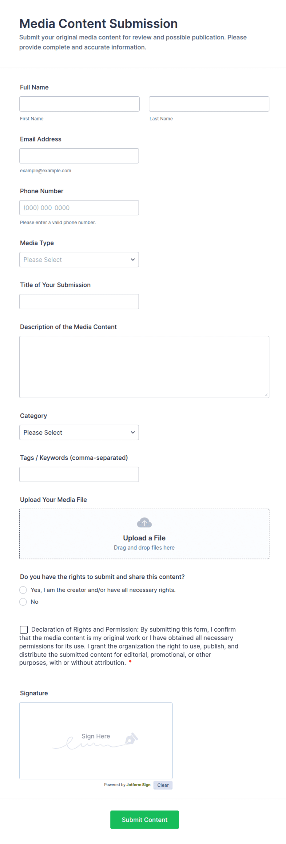 Media Content Submission Form Template | Jotform