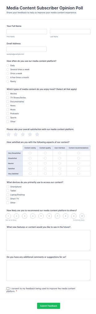 Media Content Subscriber Opinion Poll Form Template