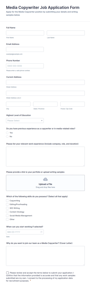 Media Copywriter Job Application Form Template