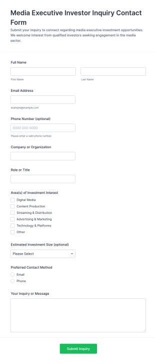Media Executive Investor Inquiry Contact Form Template