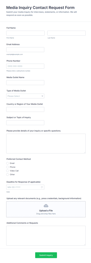 Media Inquiry Contact Request Form Template