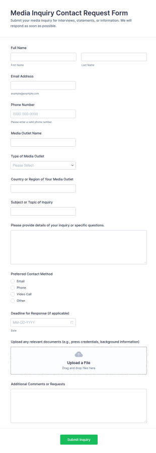 Media Inquiry Contact Request Form Template