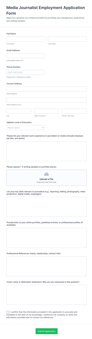 Media Journalist Employment Application Form Template